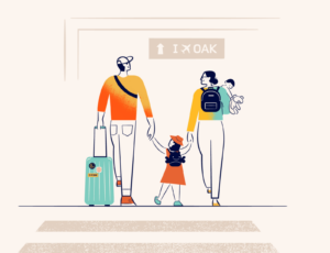Graphic design of family walking into airport