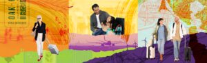 Graphic collage of airport imagery, a woman, a father and daughter
